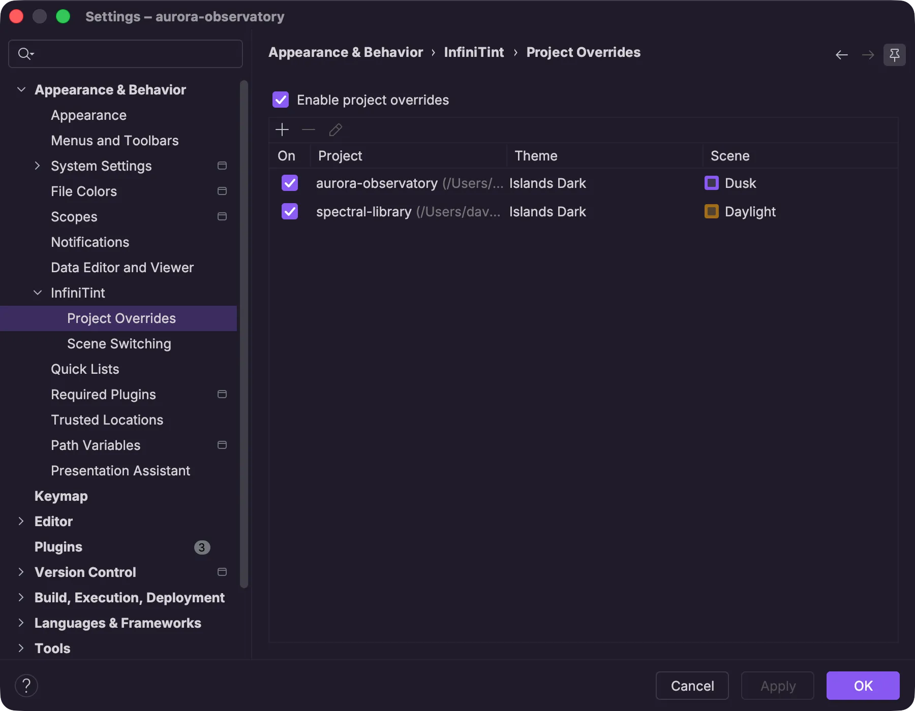 InfiniTint's project overrides settings assigning scenes to individual projects