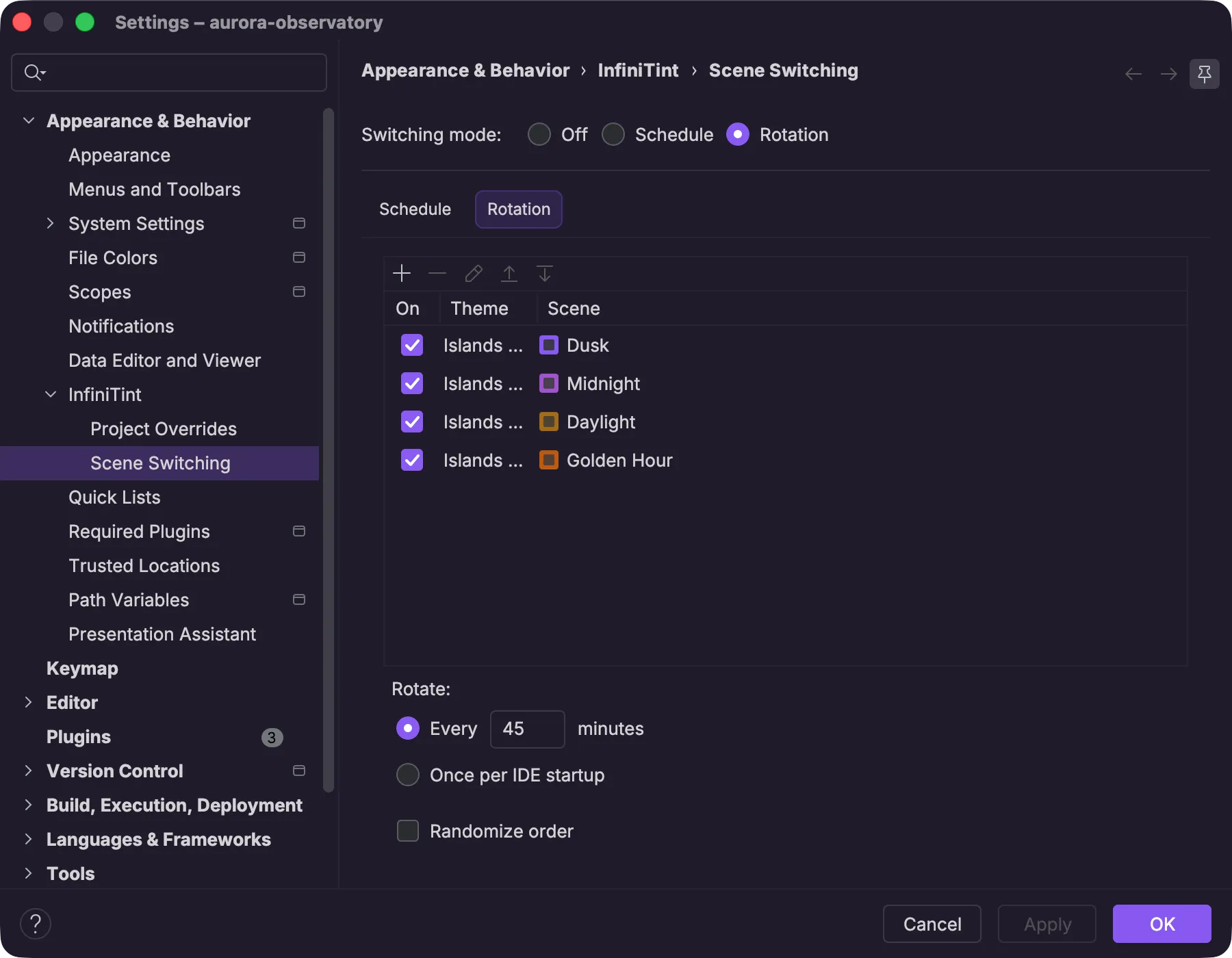 InfiniTint's scene switching settings in rotation mode, cycling a list of scenes on an interval
