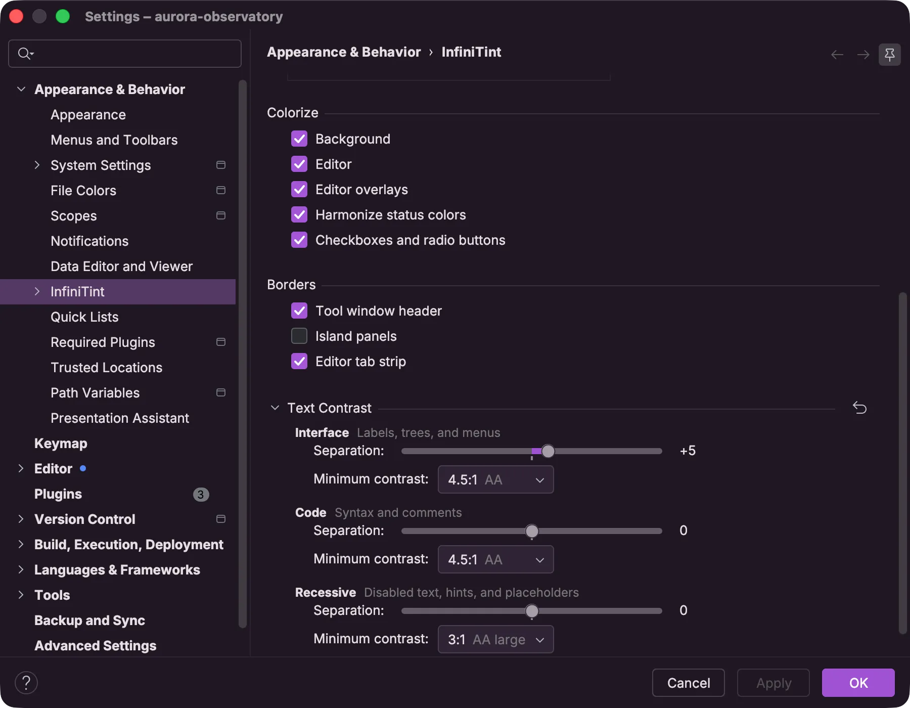 InfiniTint's settings page with the Text Contrast section expanded, showing separation sliders and minimum-contrast dropdowns for interface, code, and secondary text
