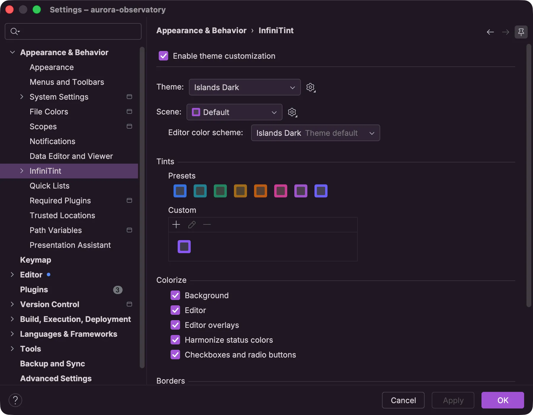 InfiniTint's settings page with the active theme's preset row of tint swatches visible alongside the colorize and border options