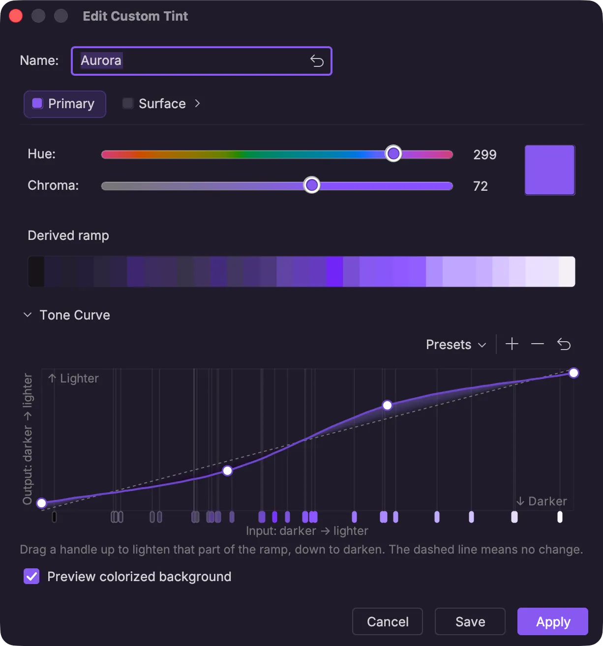 InfiniTint's custom tint editor dialog with a seed color chosen and the tone curve control adjusted away from its default shape